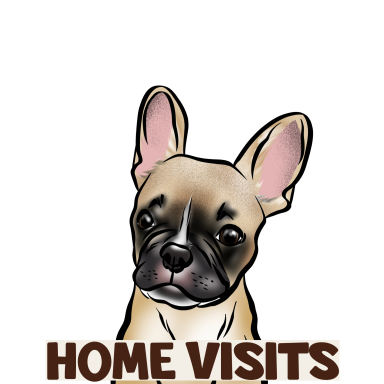 Home Visits written in brown across a cartoon image of a French Bulldog puppy